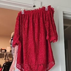 Elegant Red Lace Off-Shoulder Blouse